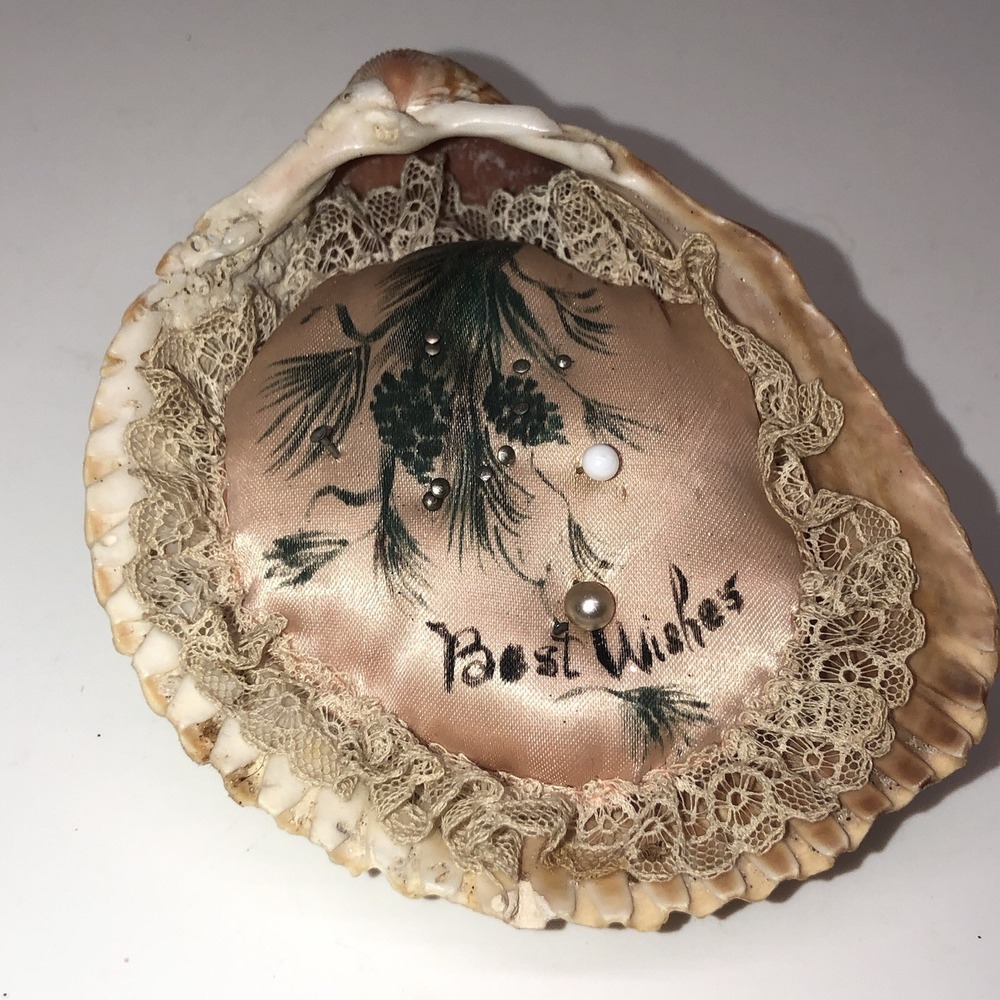 Vintage Seashell Pin Cushion "Best Wished" Satin Appears Hand Painted Lace